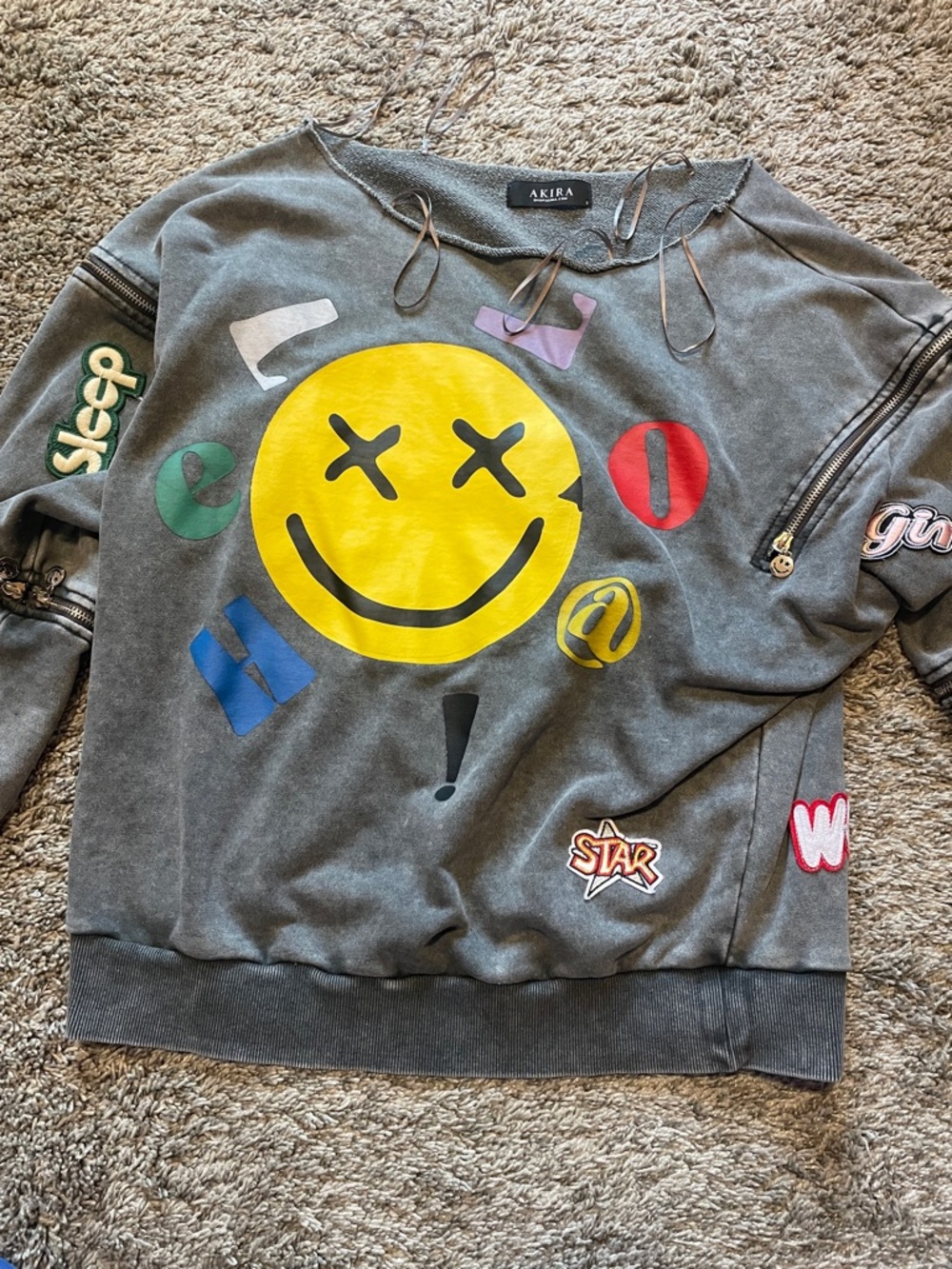 AKIRA Gray Sweatshirt with Yellow Smiley & Multicolor Patches